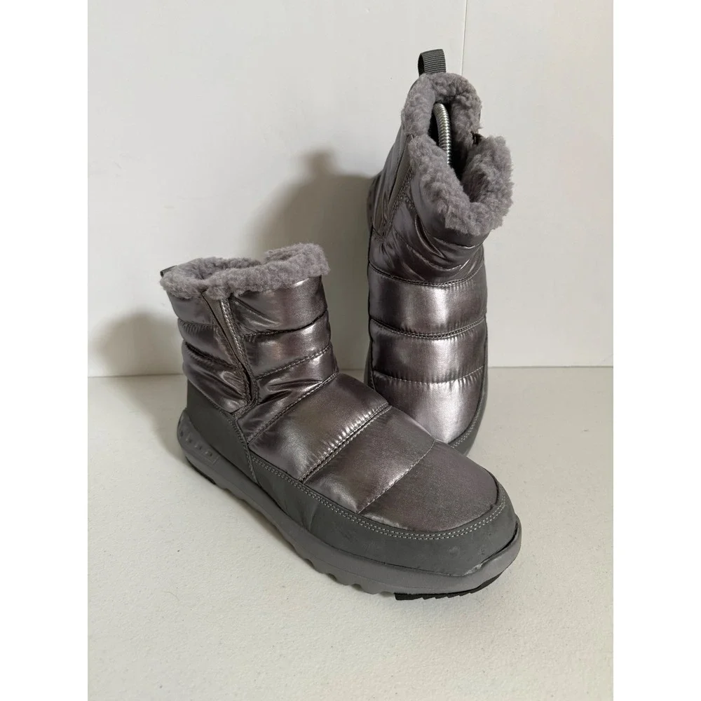 Bearpaw Women Grey Metallic Puffer Ankle Boots Faux Fur Lined Winter Size 9
